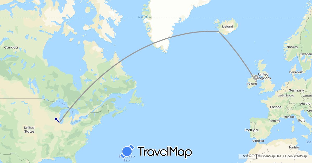 TravelMap itinerary: driving, plane in Ireland, Iceland, United States (Europe, North America)